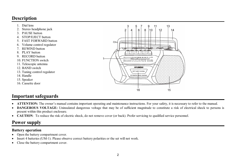 Description, Important safeguards, Power supply | Hyundai H-1001 User Manual | Page 2 / 9