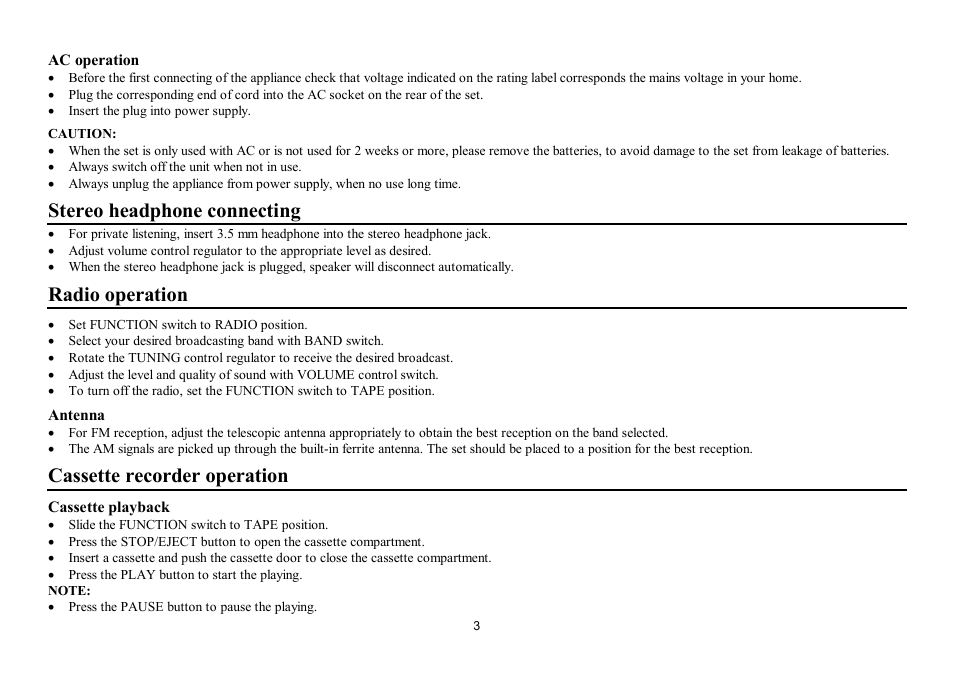 Stereo headphone connecting, Radio operation, Cassette recorder operation | Hyundai H-1001 User Manual | Page 3 / 9