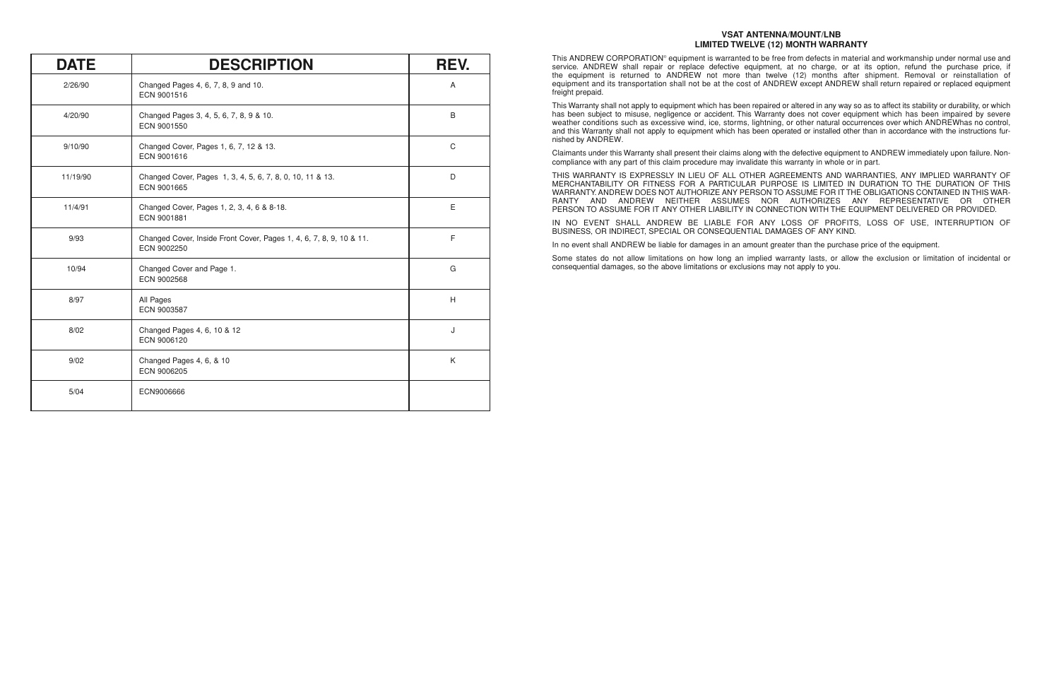 Date description rev | Andrew TYPE 100 User Manual | Page 2 / 8