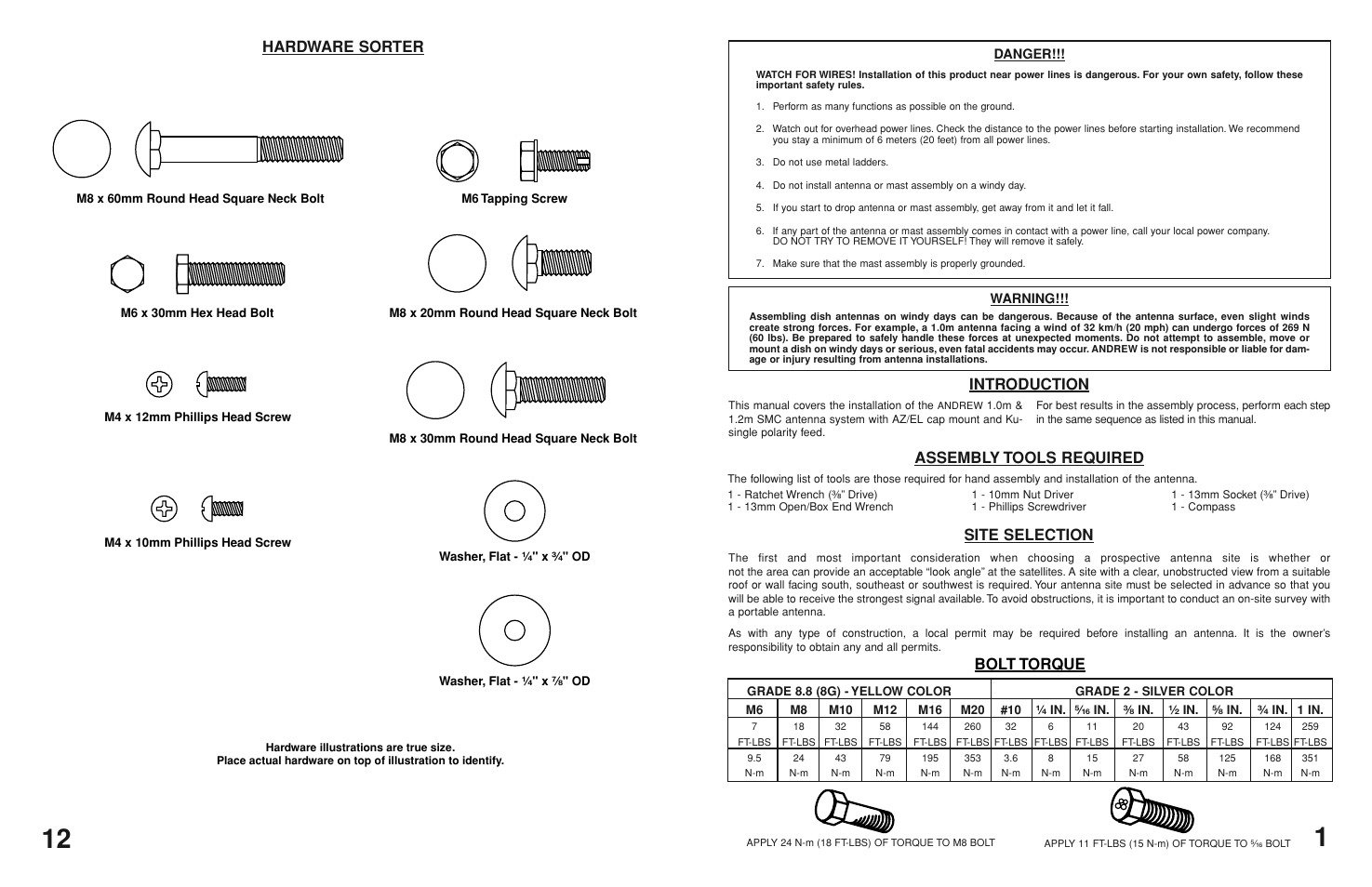 Site selection, Introduction, Assembly tools required | Hardware sorter, Bolt torque | Andrew TYPE 100 User Manual | Page 3 / 8