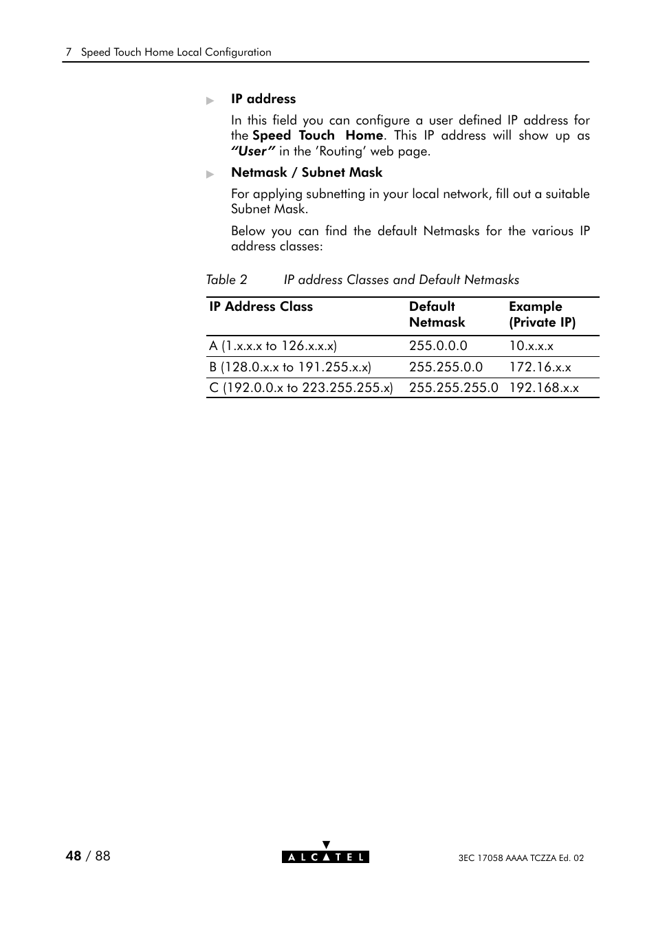 Table 2, Ip address classes and default netmasks | Alcatel Carrier Internetworking Solutions SpeedTouch Speed Touch Home Asymmetric Digital Subscriber Line (ADSL) Modem User Manual | Page 48 / 87