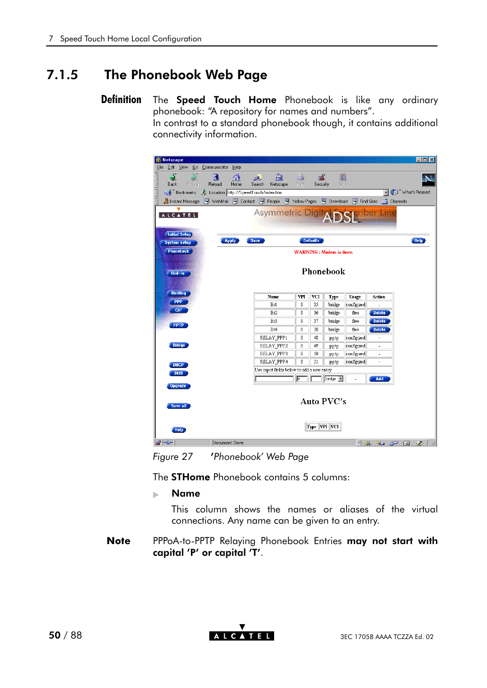 Figure 27, 5 the phonebook web page | Alcatel Carrier Internetworking Solutions SpeedTouch Speed Touch Home Asymmetric Digital Subscriber Line (ADSL) Modem User Manual | Page 50 / 87