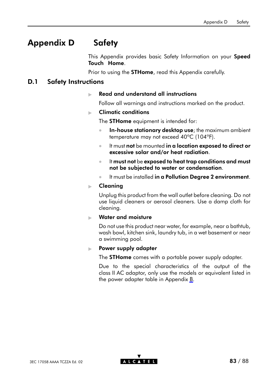 Appendix d safety, D.1 safety instructions | Alcatel Carrier Internetworking Solutions SpeedTouch Speed Touch Home Asymmetric Digital Subscriber Line (ADSL) Modem User Manual | Page 82 / 87