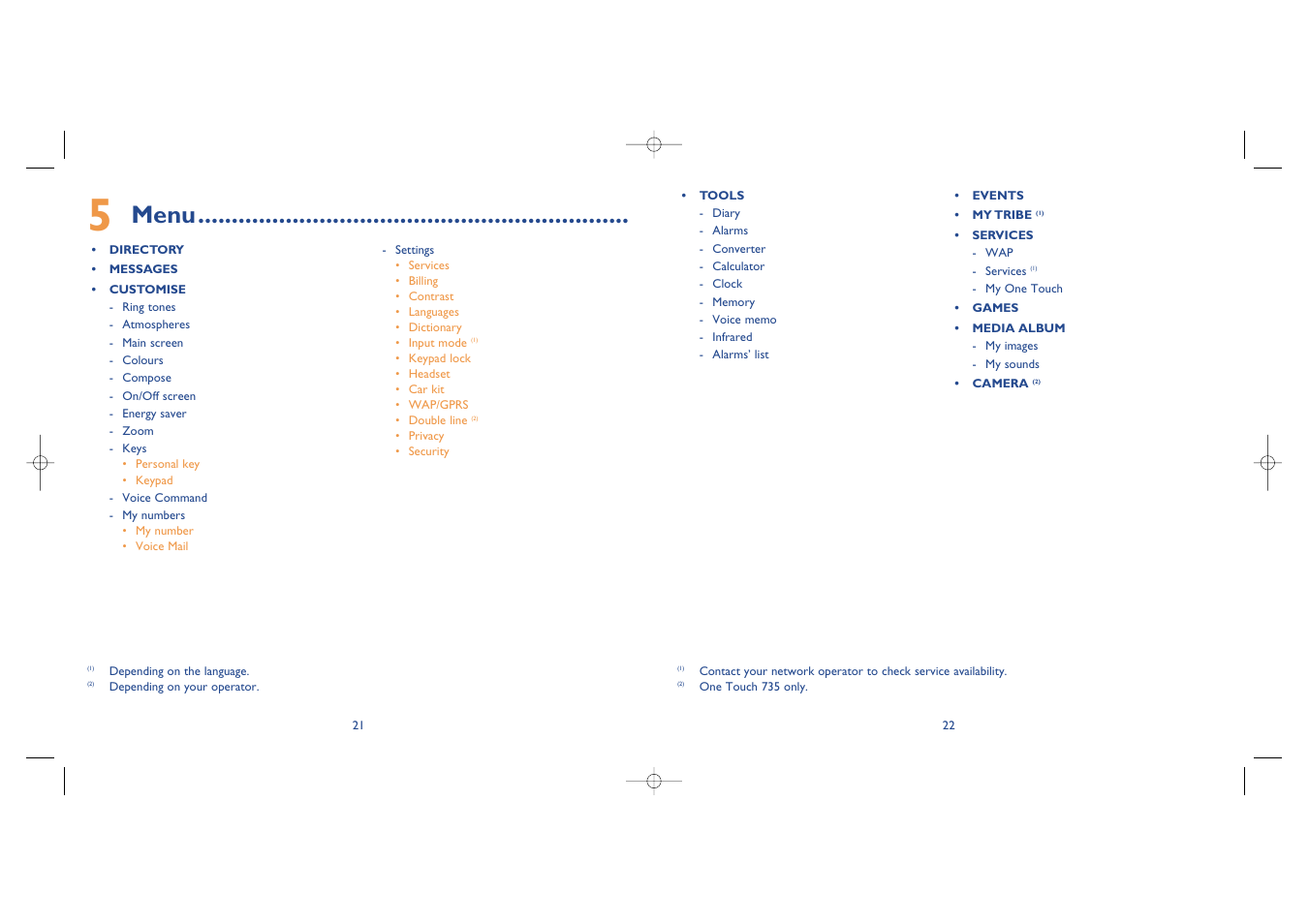 Menu | Alcatel Carrier Internetworking Solutions One Touch 535-735 User Manual | Page 12 / 49