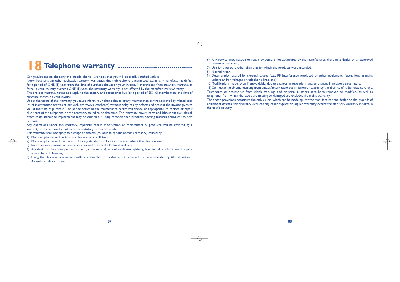 Telephone warranty | Alcatel Carrier Internetworking Solutions One Touch 535-735 User Manual | Page 45 / 49