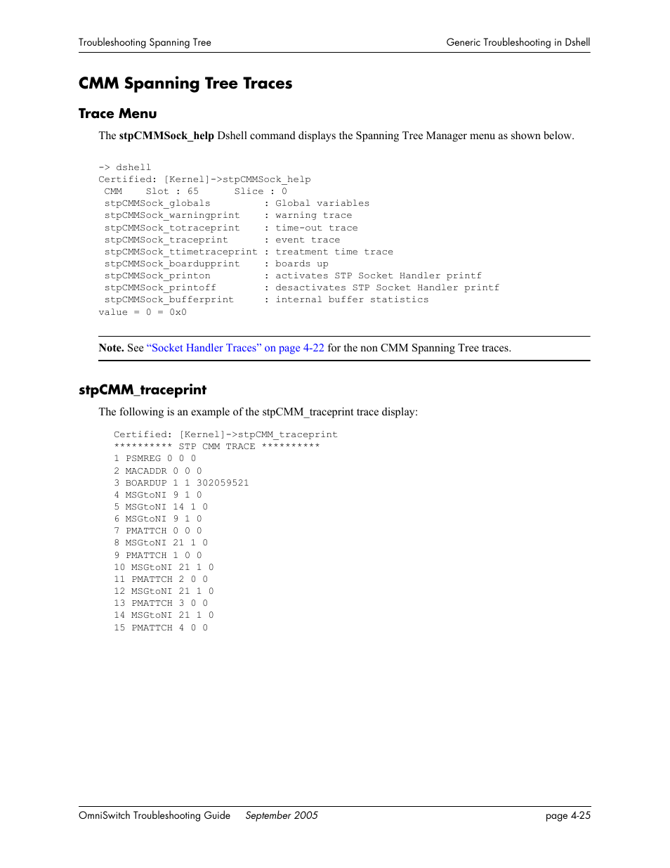 Cmm spanning tree traces, Trace menu, Stpcmm_traceprint | Cmm spanning tree traces -25, Trace menu -25 stpcmm_traceprint -25 | Alcatel Carrier Internetworking Solutions 6648 User Manual | Page 105 / 614