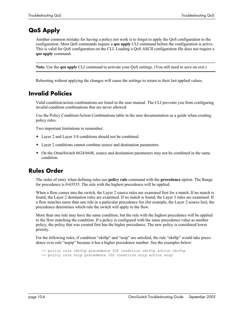 Qos apply, Invalid policies, Rules order | Qos apply -4 invalid policies -4 rules order -4 | Alcatel Carrier Internetworking Solutions 6648 User Manual | Page 154 / 614