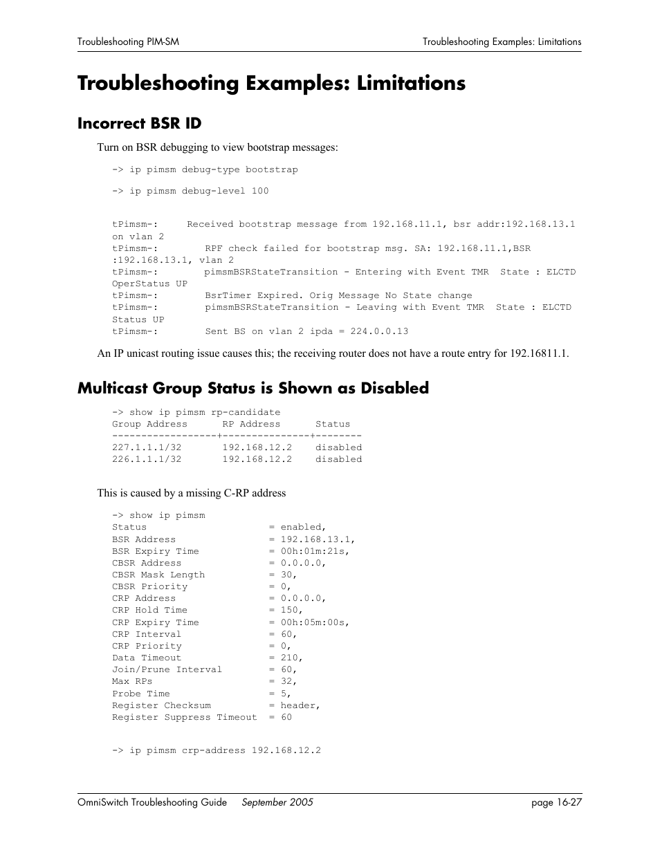 Troubleshooting examples: limitations, Incorrect bsr id, Multicast group status is shown as disabled | Troubleshooting examples: limitations -27, Incorrect bsr id -27, Multicast group status is shown as disabled -27 | Alcatel Carrier Internetworking Solutions 6648 User Manual | Page 289 / 614