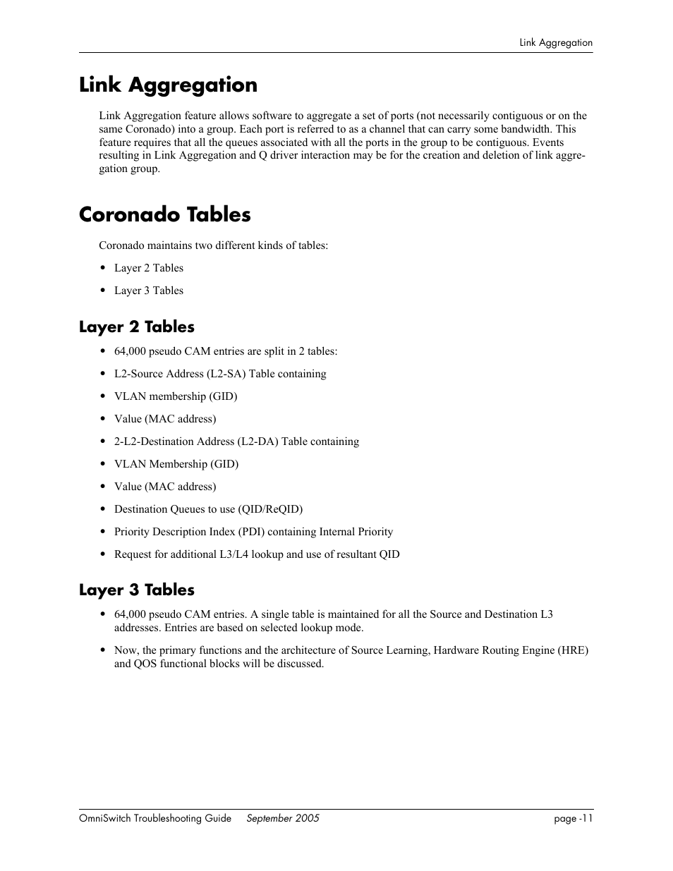 Link aggregation, Coronado tables, Layer 2 tables | Layer 3 tables | Alcatel Carrier Internetworking Solutions 6648 User Manual | Page 335 / 614