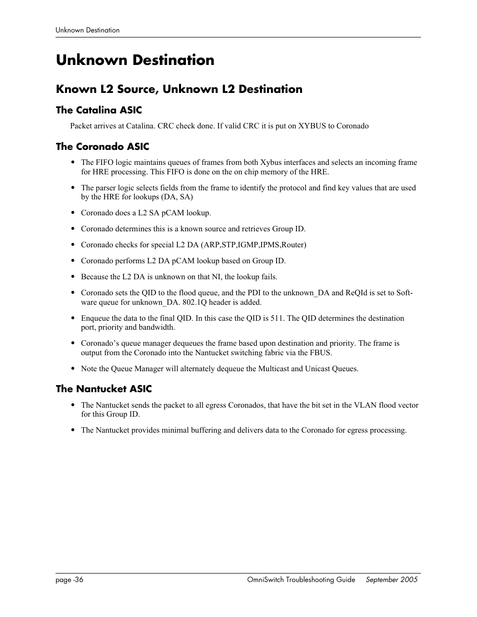 Unknown destination, Known l2 source, unknown l2 destination, The catalina asic | The coronado asic, The nantucket asic | Alcatel Carrier Internetworking Solutions 6648 User Manual | Page 360 / 614