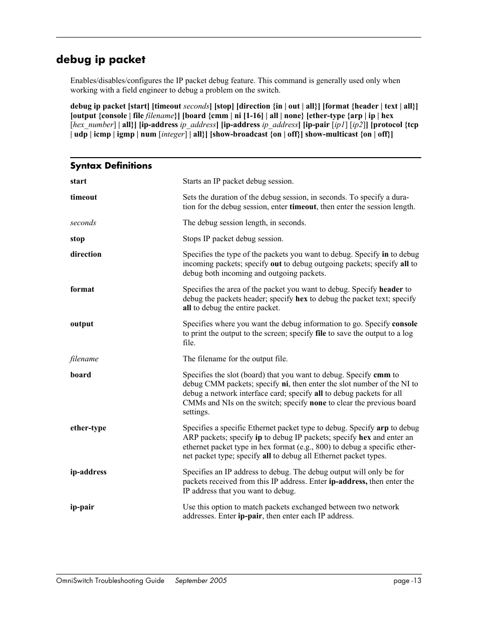 Debug ip packet | Alcatel Carrier Internetworking Solutions 6648 User Manual | Page 399 / 614
