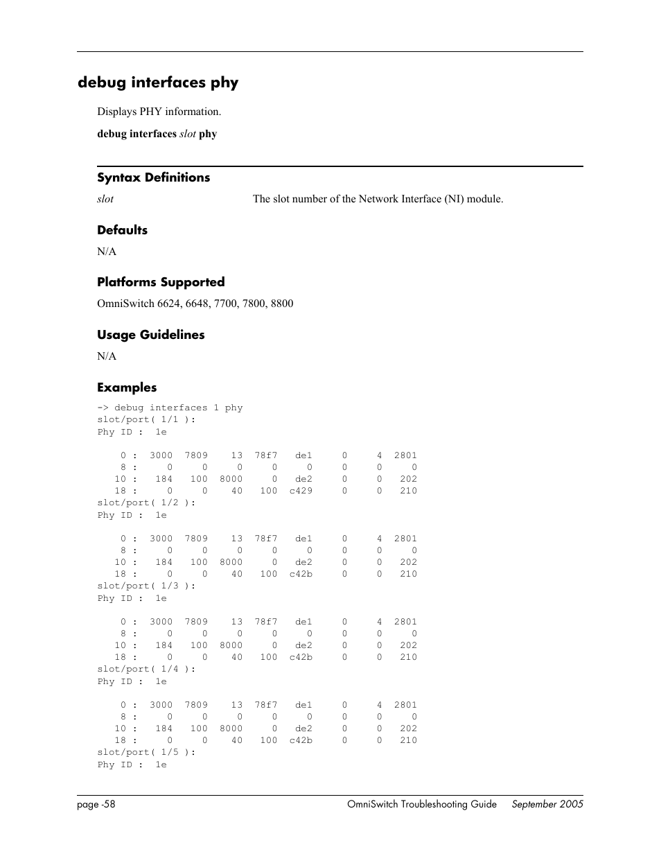Debug interfaces phy, Debug, Interfaces phy | Alcatel Carrier Internetworking Solutions 6648 User Manual | Page 444 / 614