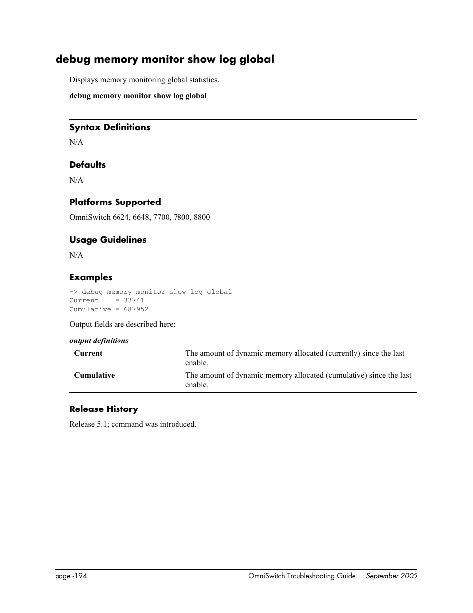 Debug memory monitor show log global, Debug memory monitor show, Log global | Alcatel Carrier Internetworking Solutions 6648 User Manual | Page 580 / 614