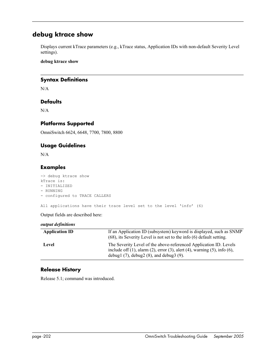 Debug ktrace show | Alcatel Carrier Internetworking Solutions 6648 User Manual | Page 588 / 614