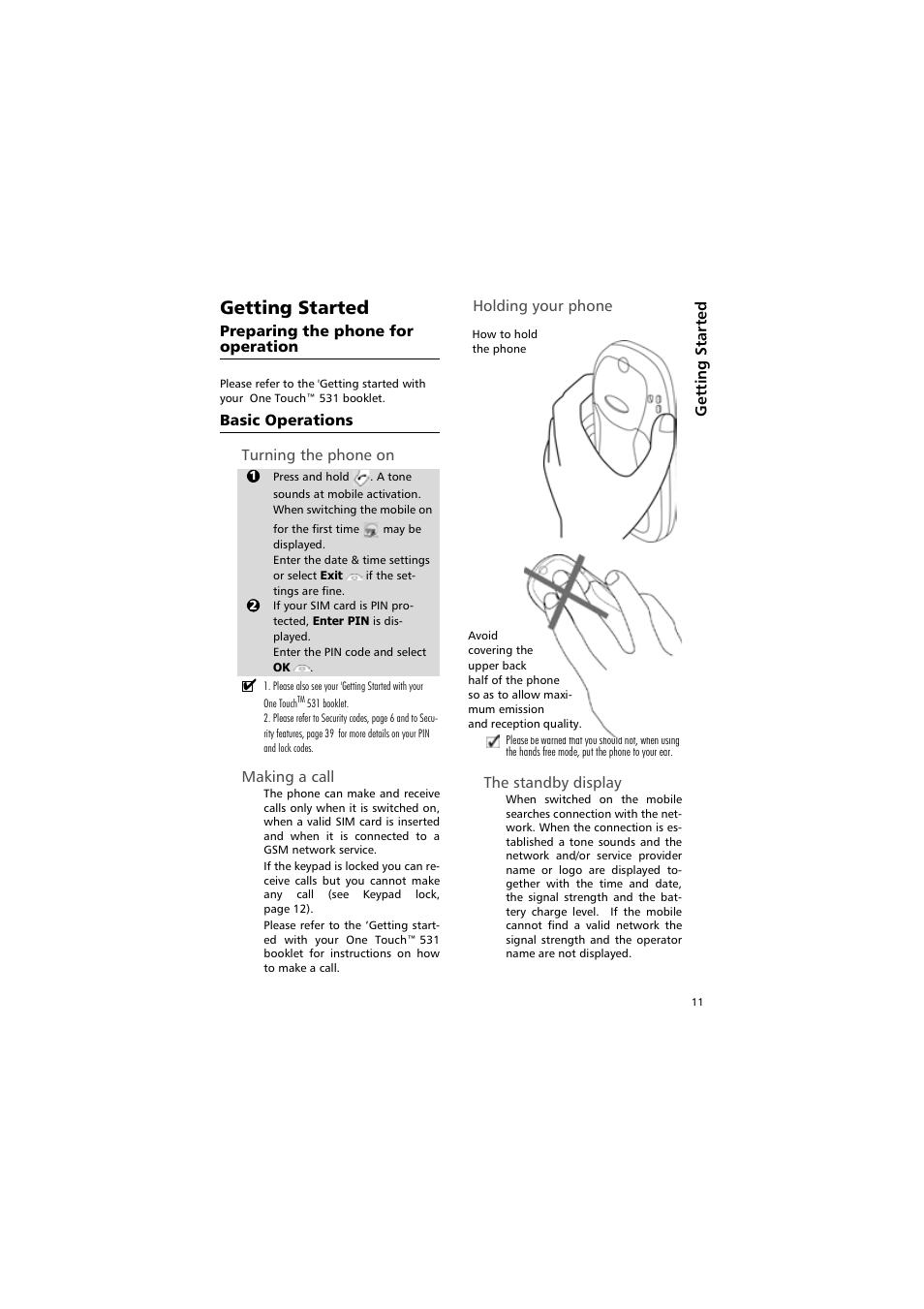 Getting started, Preparing the phone for, Operation | Basic operations | Alcatel Carrier Internetworking Solutions One Touch 531 User Manual | Page 11 / 72