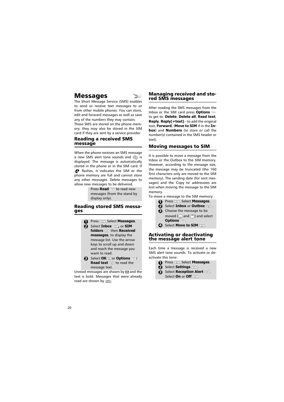 Messages, Reading a received sms, Message | Reading stored sms, Managing received and, Stored sms messages, Message alert tone | Alcatel Carrier Internetworking Solutions One Touch 531 User Manual | Page 20 / 72