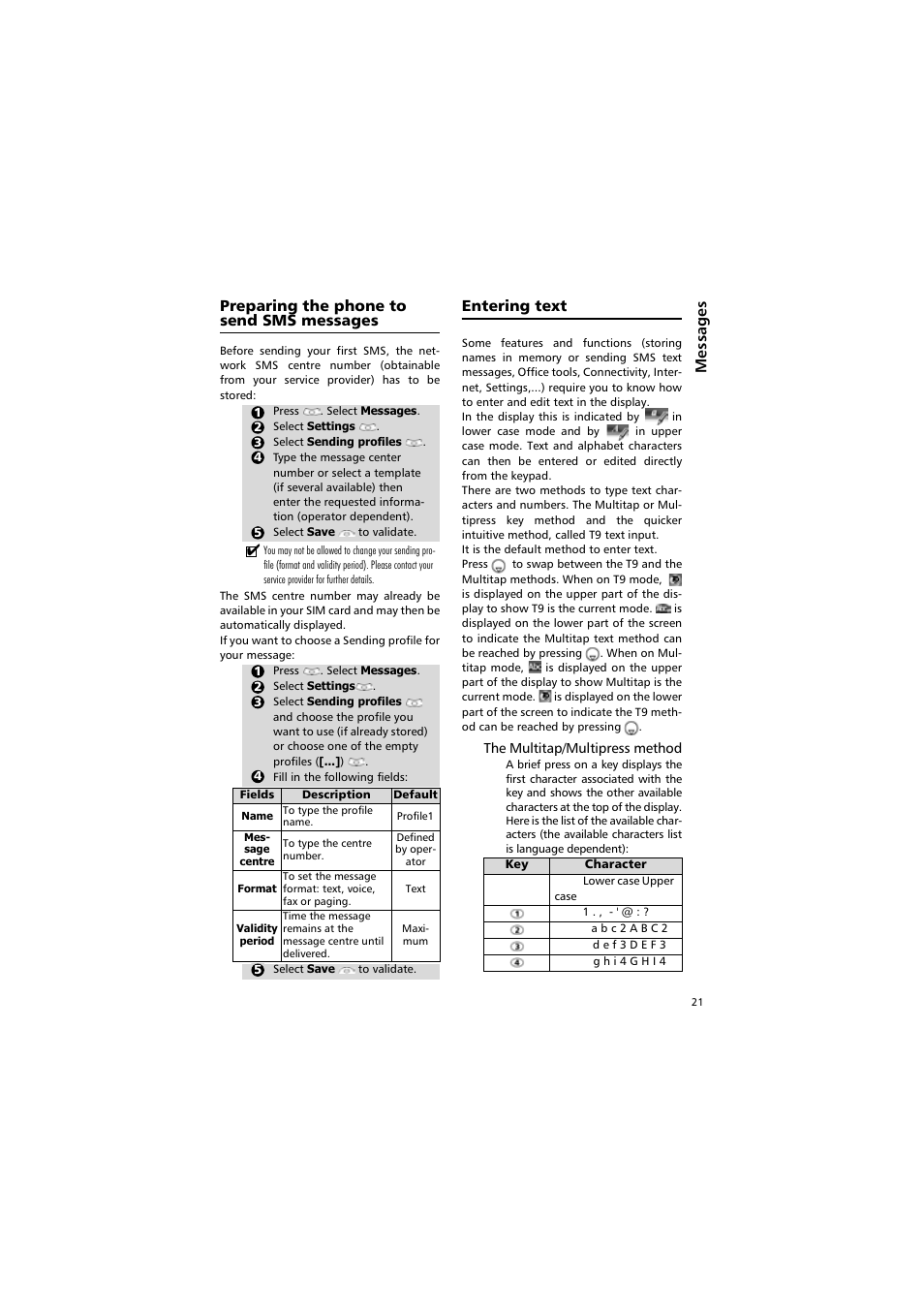 Preparing the phone to send, Sms messages, Entering text | Alcatel Carrier Internetworking Solutions One Touch 531 User Manual | Page 21 / 72