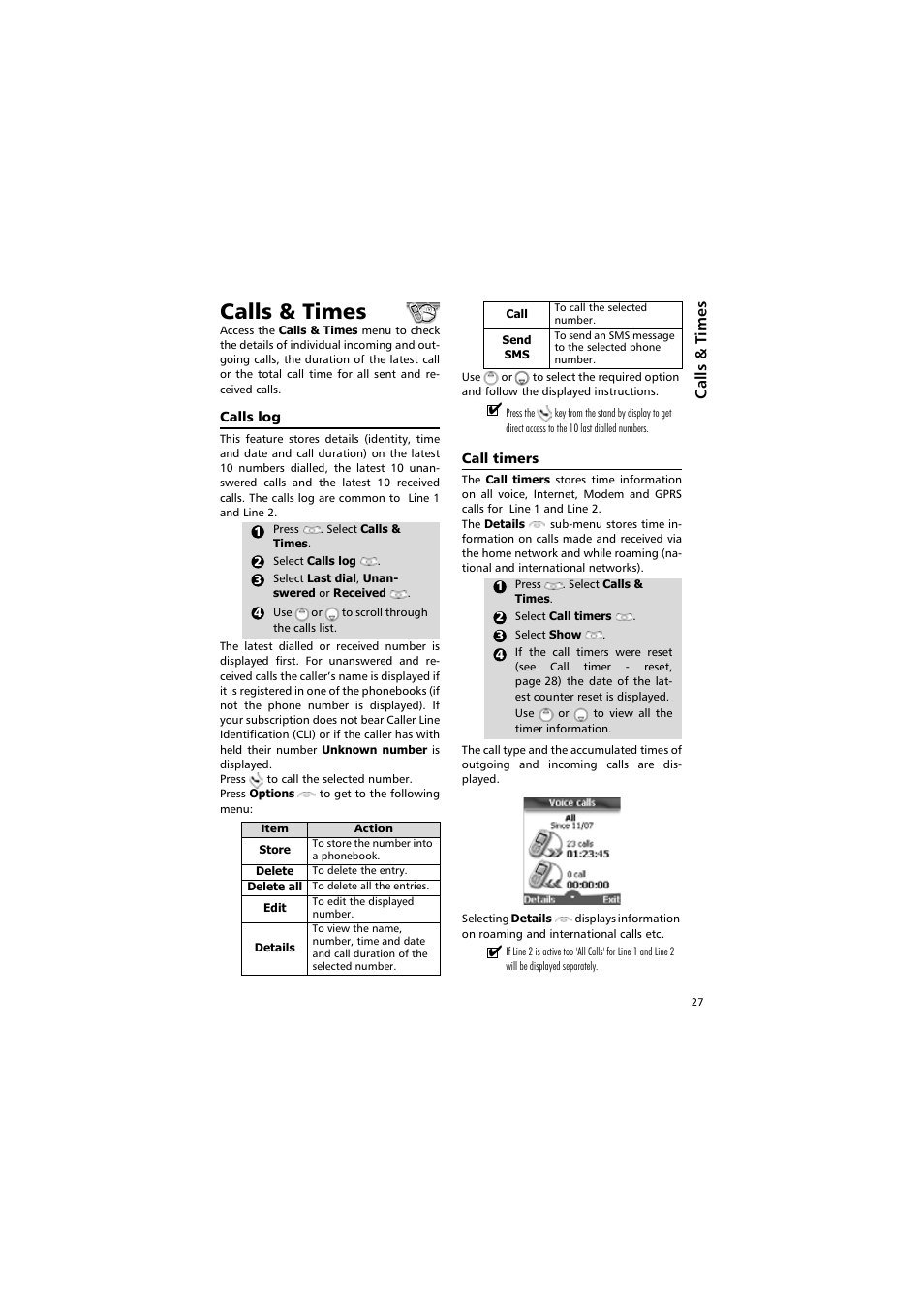 Calls & times, Calls log call timers | Alcatel Carrier Internetworking Solutions One Touch 531 User Manual | Page 27 / 72