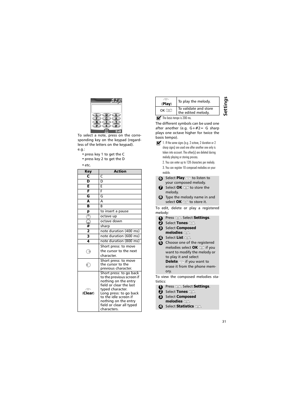 Action, Se tt in gs | Alcatel Carrier Internetworking Solutions One Touch 531 User Manual | Page 31 / 72