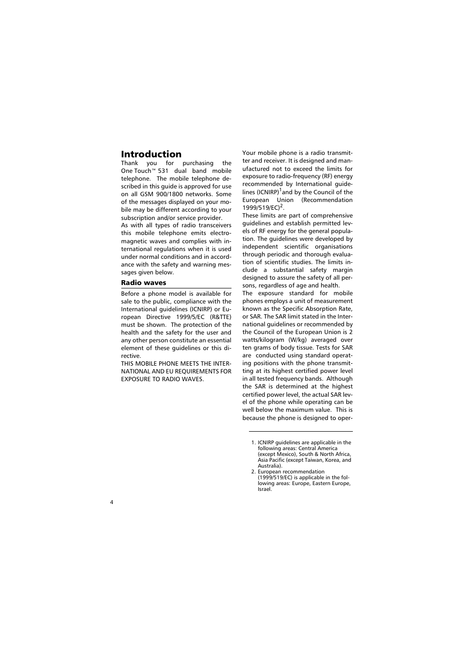 Introduction, Radio waves | Alcatel Carrier Internetworking Solutions One Touch 531 User Manual | Page 4 / 72