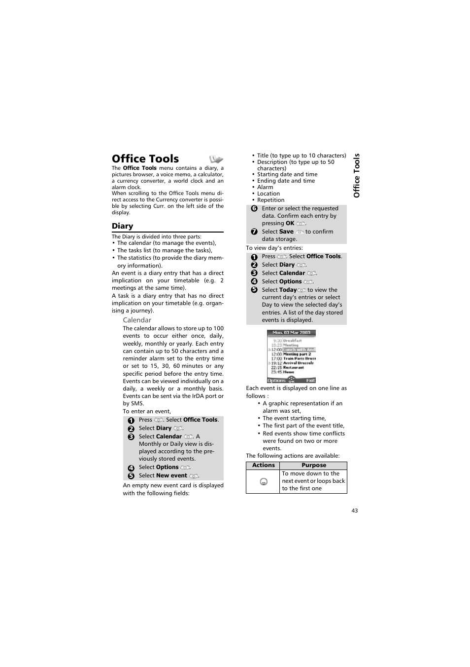 Office tools, Calendar, Diary | Alcatel Carrier Internetworking Solutions One Touch 531 User Manual | Page 43 / 72