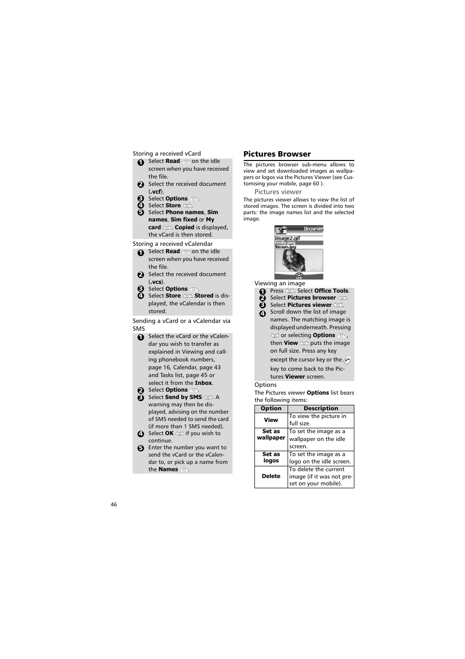 Pictures viewer, Pictures browser | Alcatel Carrier Internetworking Solutions One Touch 531 User Manual | Page 46 / 72