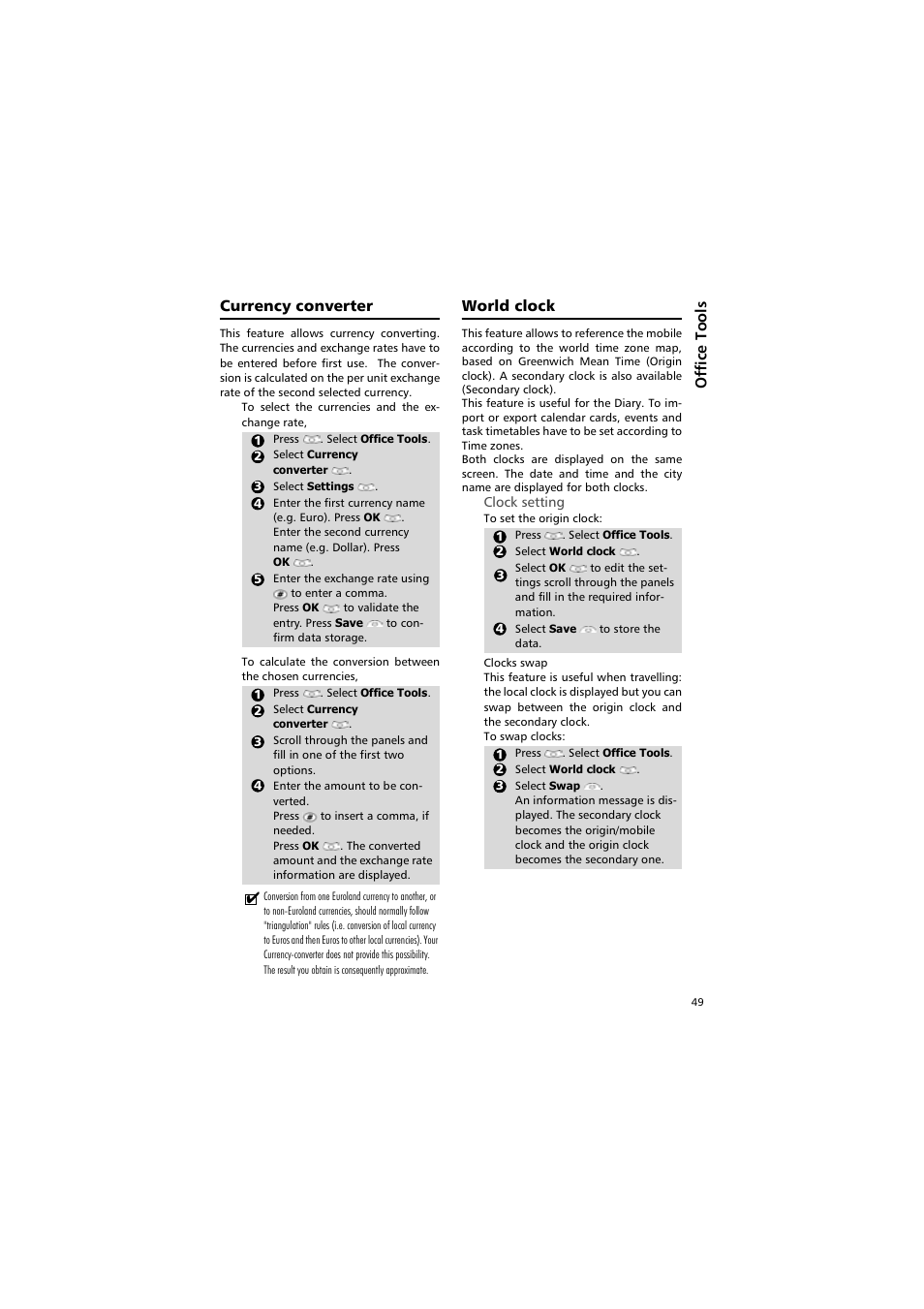 Clock setting, Currency converter world clock | Alcatel Carrier Internetworking Solutions One Touch 531 User Manual | Page 49 / 72