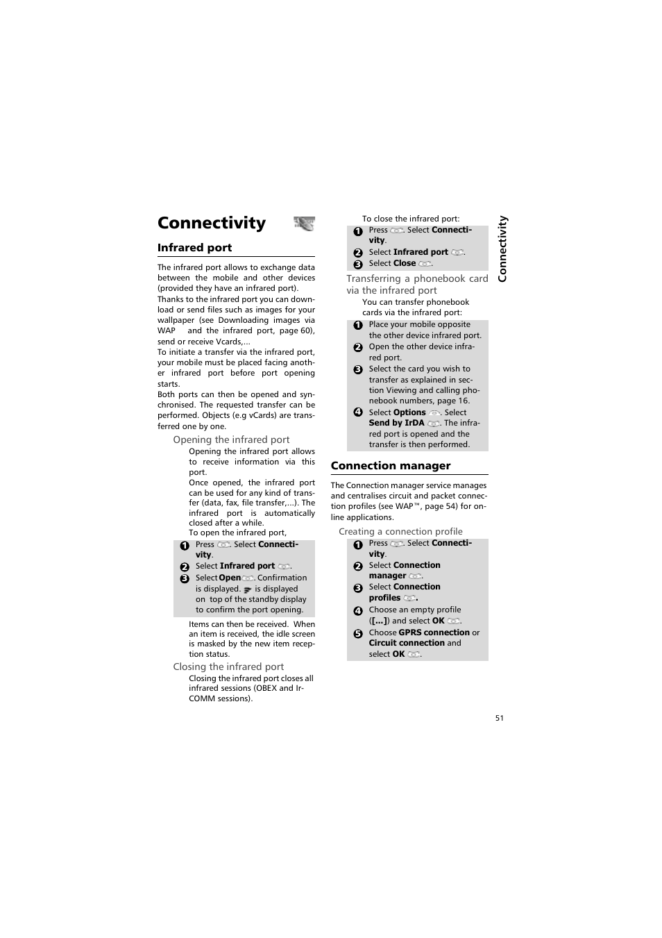 Connectivity, Infrared port connection manager | Alcatel Carrier Internetworking Solutions One Touch 531 User Manual | Page 51 / 72