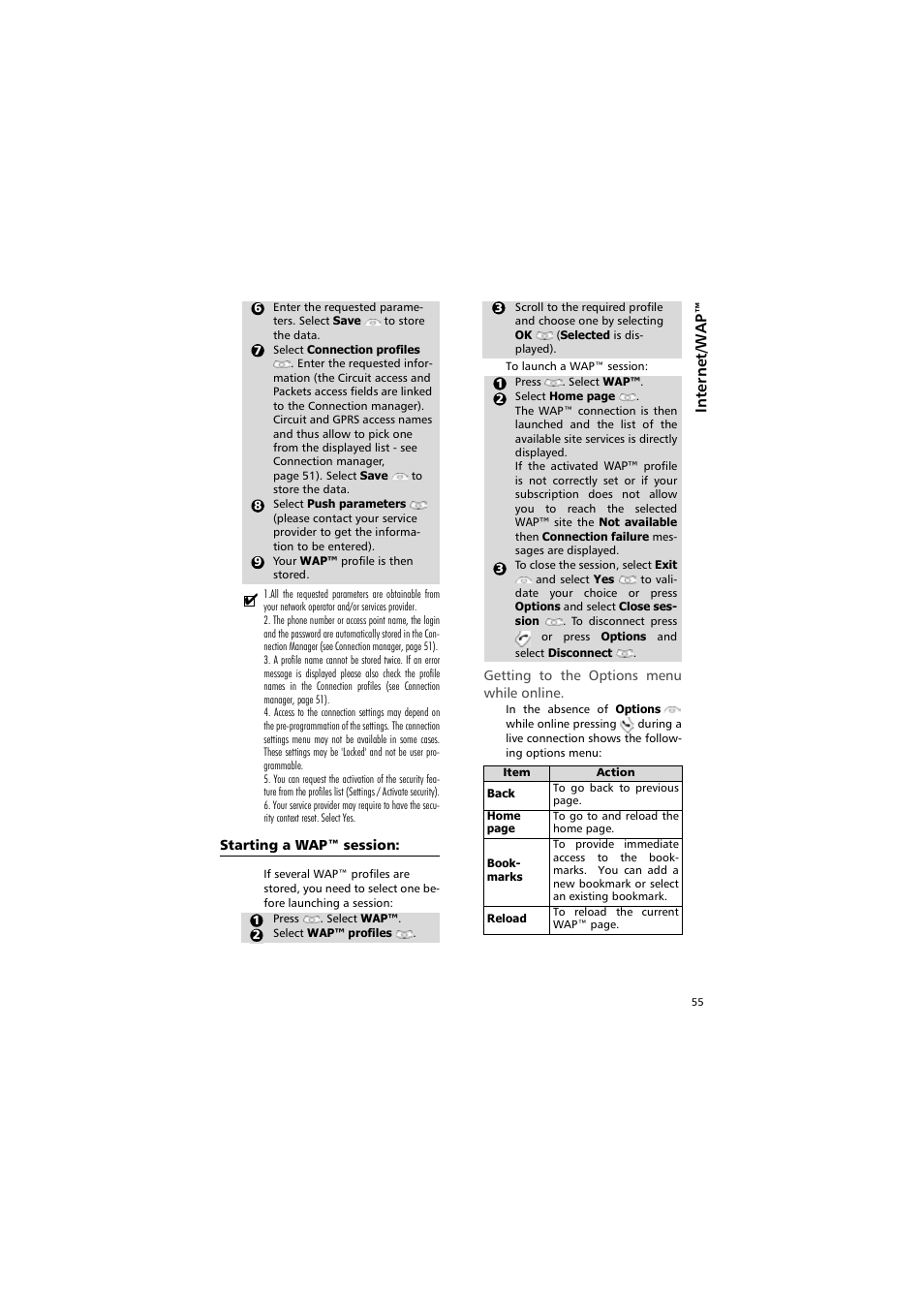 Getting to the options menu while online, Starting a wap™ session | Alcatel Carrier Internetworking Solutions One Touch 531 User Manual | Page 55 / 72