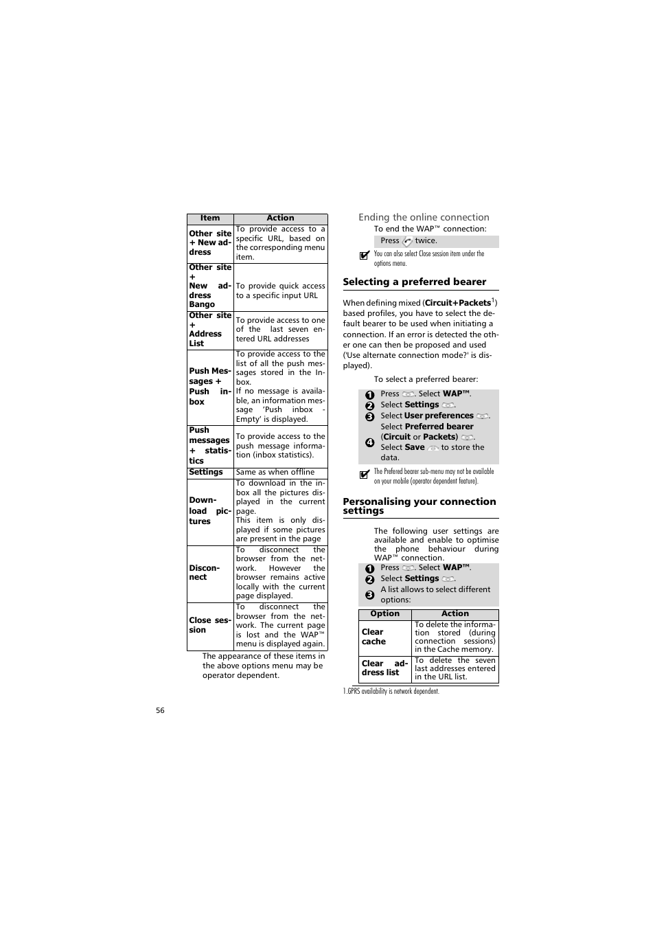 Ending the online connection, Settings | Alcatel Carrier Internetworking Solutions One Touch 531 User Manual | Page 56 / 72
