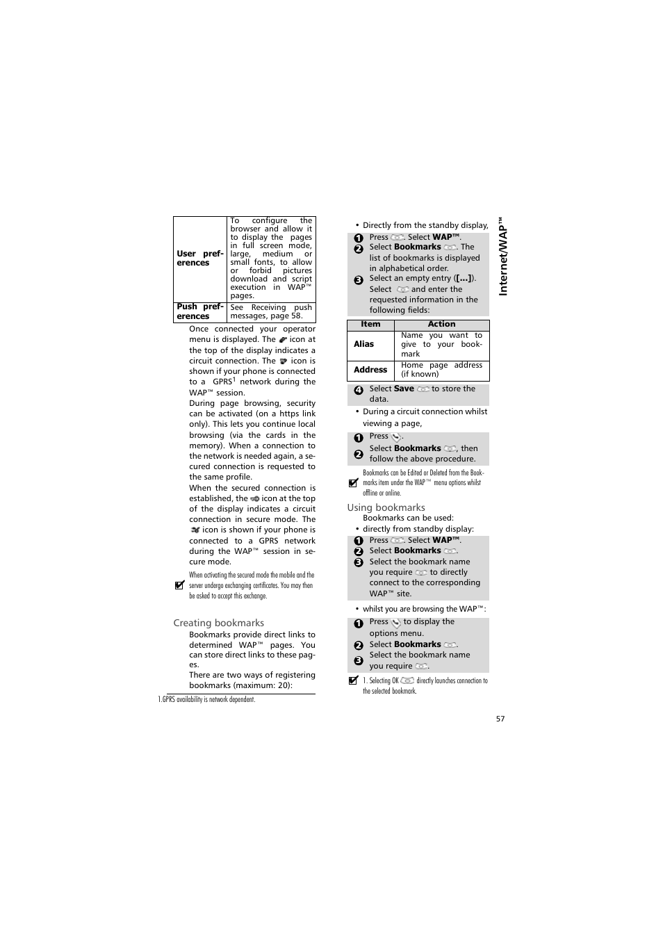 Creating bookmarks, Using bookmarks | Alcatel Carrier Internetworking Solutions One Touch 531 User Manual | Page 57 / 72