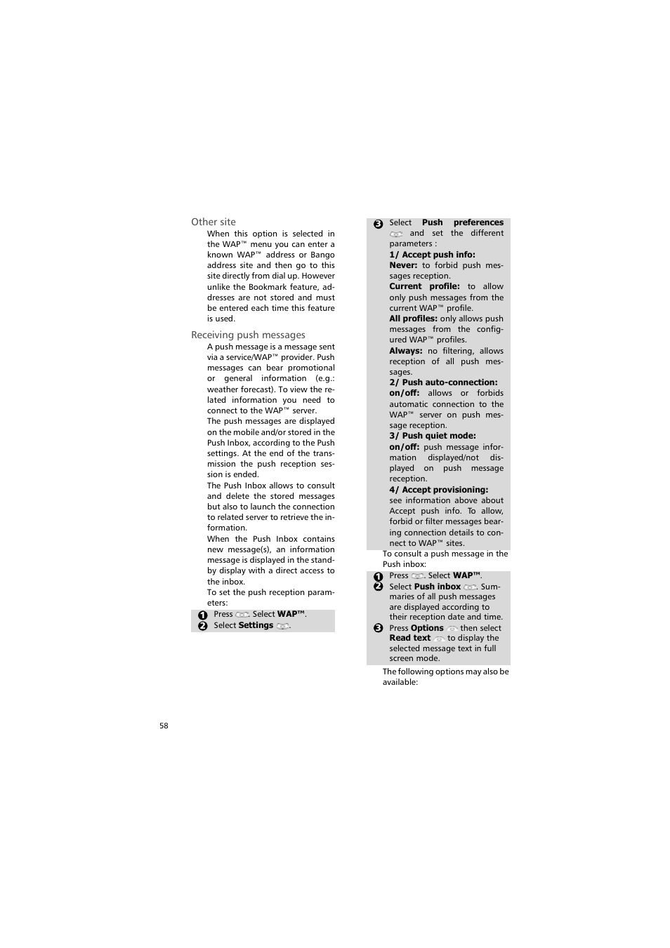 Other site, Receiving push messages | Alcatel Carrier Internetworking Solutions One Touch 531 User Manual | Page 58 / 72