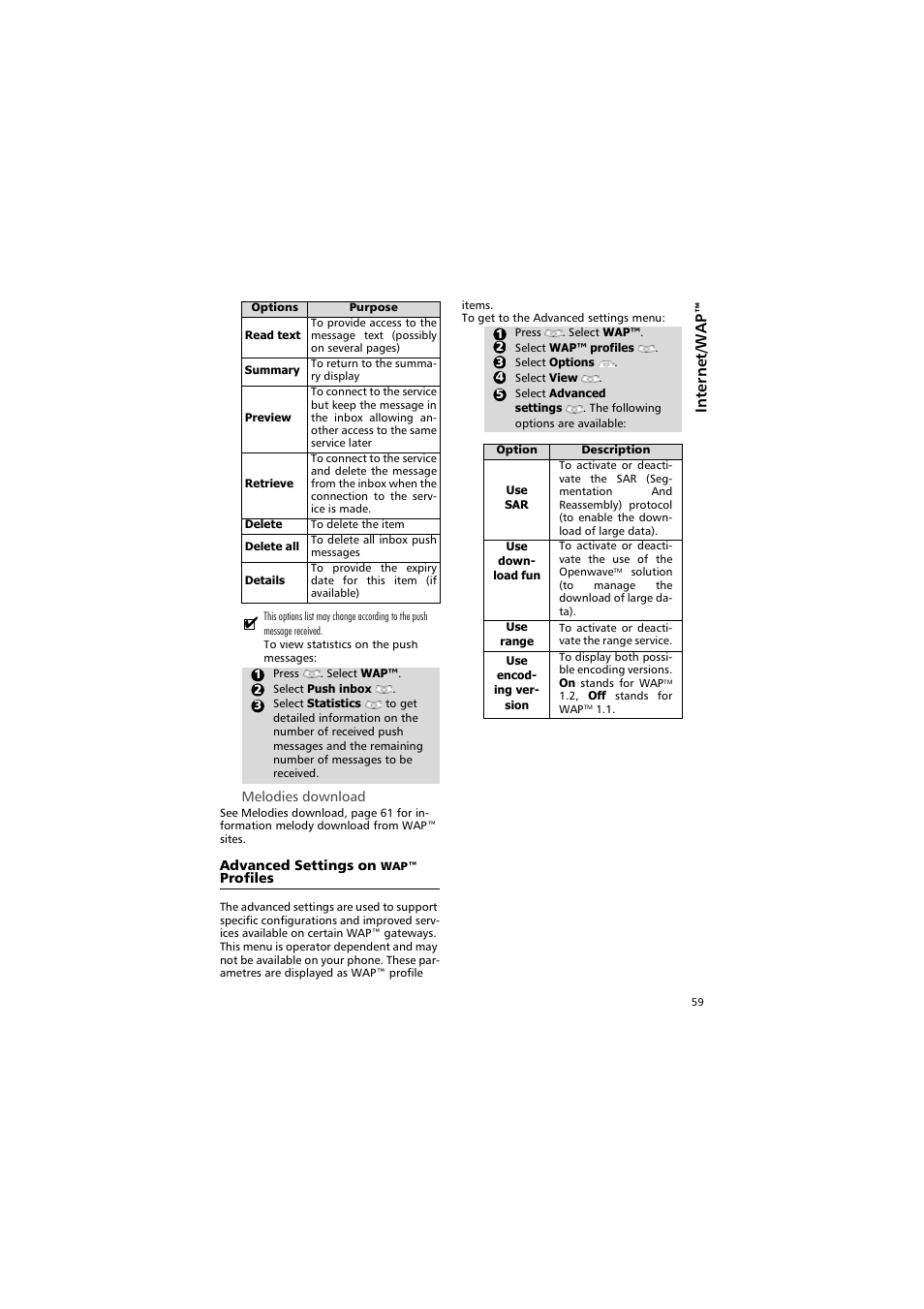 Melodies download, Advanced settings on, Wap™ profiles | Alcatel Carrier Internetworking Solutions One Touch 531 User Manual | Page 59 / 72