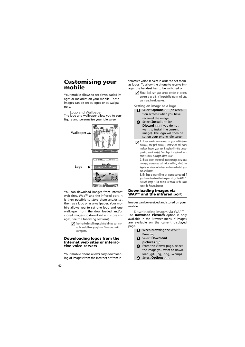 Customising your mobile, Wallpaper, Logo | Customising your, Mobile, Downloading logos from, The wap™ web sites or interactive voice servers, Downloading images via wap | Alcatel Carrier Internetworking Solutions One Touch 531 User Manual | Page 60 / 72