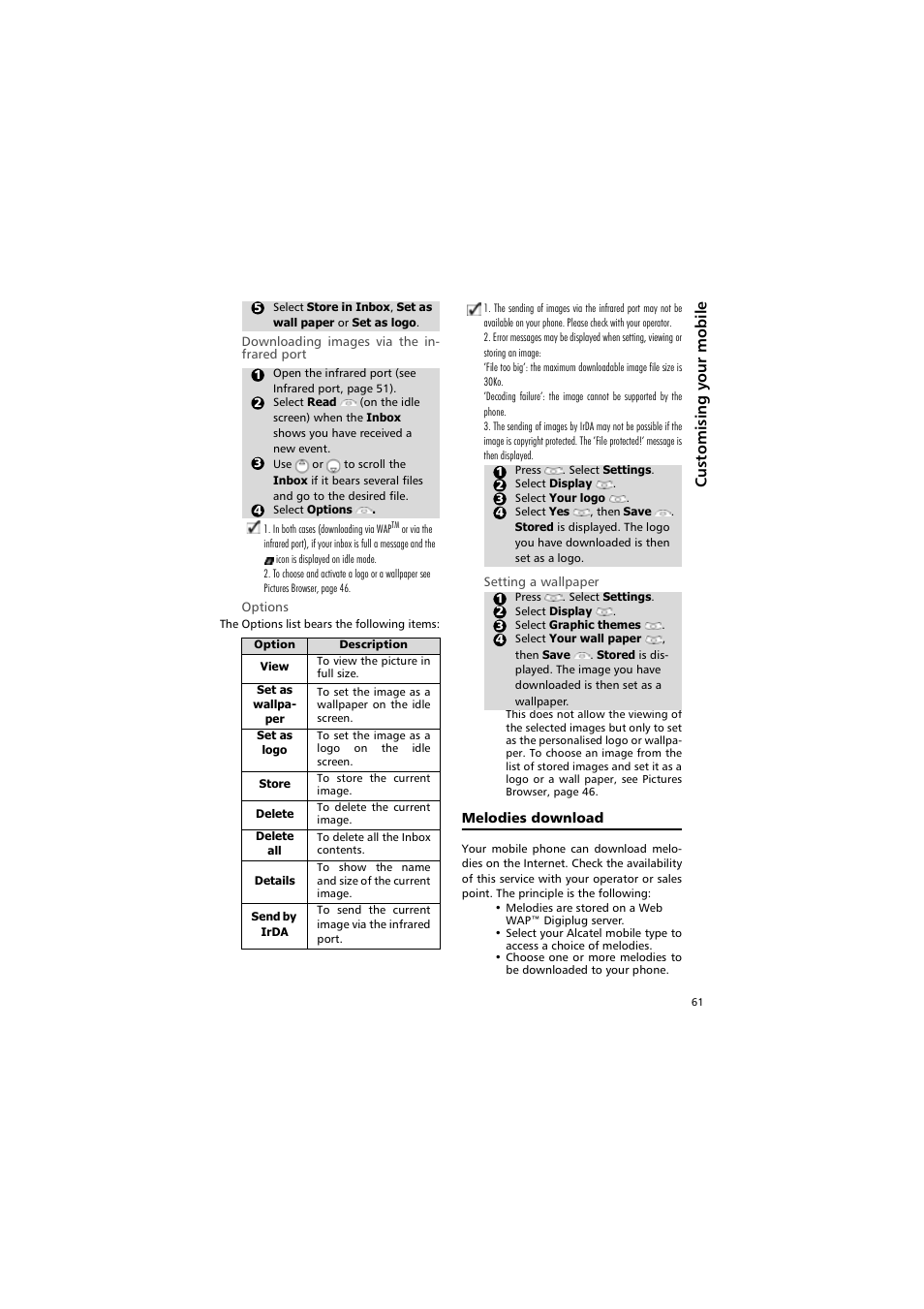 Melodies download | Alcatel Carrier Internetworking Solutions One Touch 531 User Manual | Page 61 / 72