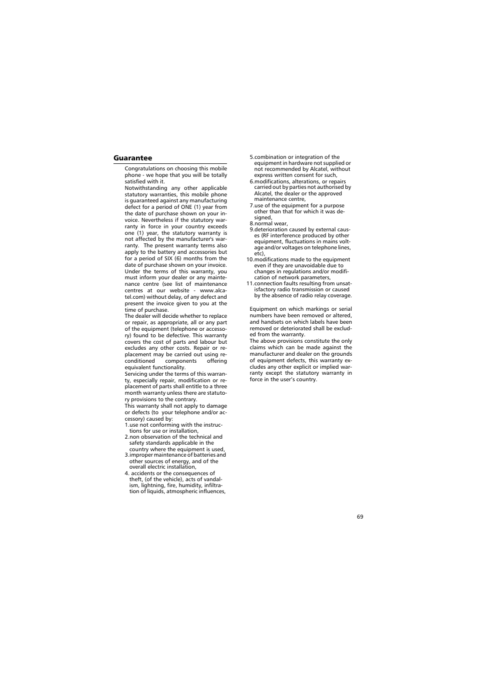 Normal wear, Guarantee | Alcatel Carrier Internetworking Solutions One Touch 531 User Manual | Page 69 / 72
