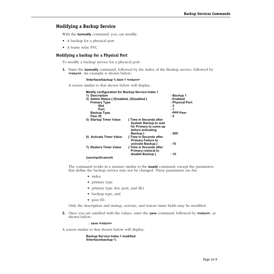 Modifying a backup service, Modifying a backup for a physical port, Modifying a backup service -9 | Modifying a backup for a physical port -9 | Alcatel Carrier Internetworking Solutions Omni Switch/Router User Manual | Page 1019 / 1100