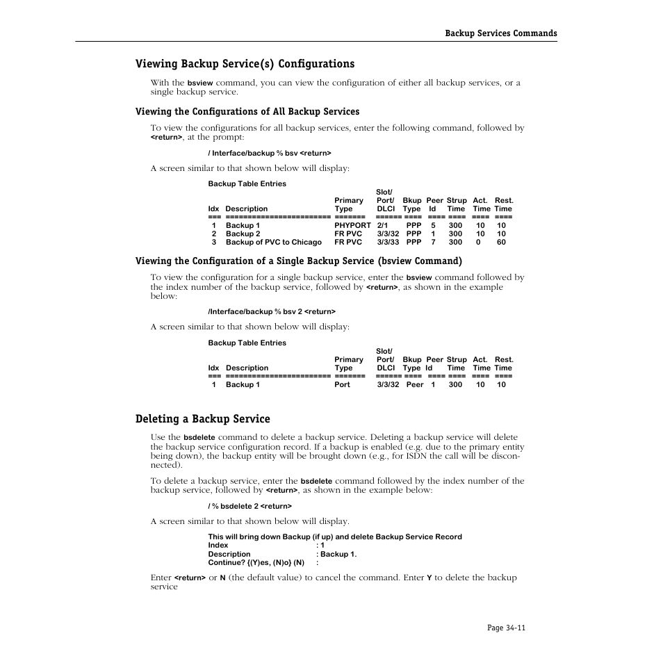 Viewing backup service(s) configurations, Viewing the configurations of all backup services, Deleting a backup service | Viewing backup service(s) configurations -11, Deleting a backup service -11 | Alcatel Carrier Internetworking Solutions Omni Switch/Router User Manual | Page 1021 / 1100