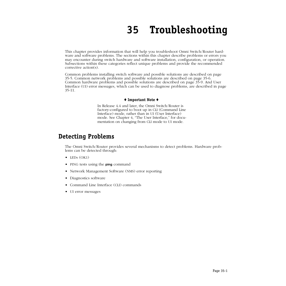 Troubleshooting, Detecting problems, 35 troubleshooting | Detecting problems -1 | Alcatel Carrier Internetworking Solutions Omni Switch/Router User Manual | Page 1025 / 1100