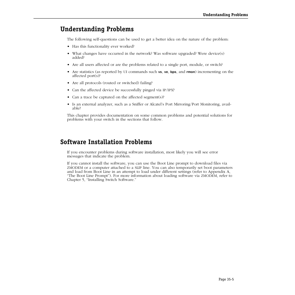 Understanding problems, Software installation problems, Understanding problems -5 | Software installation problems -5 | Alcatel Carrier Internetworking Solutions Omni Switch/Router User Manual | Page 1029 / 1100