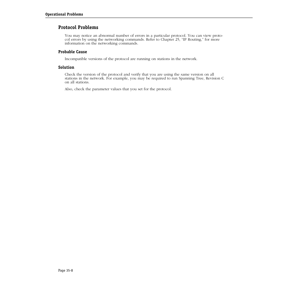 Protocol problems, Probable cause, Solution | Protocol problems -8, Probable cause -8 solution -8 | Alcatel Carrier Internetworking Solutions Omni Switch/Router User Manual | Page 1032 / 1100
