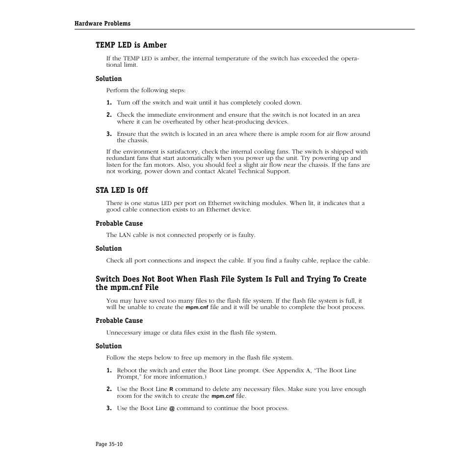 Temp led is amber, Solution, Sta led is off | Probable cause, Temp led is amber -10, Solution -10, Sta led is off -10, Probable cause -10 solution -10 | Alcatel Carrier Internetworking Solutions Omni Switch/Router User Manual | Page 1034 / 1100