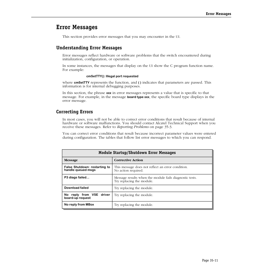 Error messages, Understanding error messages, Correcting errors | Module startup/shutdown error messages, Error messages -11, Module startup/shutdown error messages -11 | Alcatel Carrier Internetworking Solutions Omni Switch/Router User Manual | Page 1035 / 1100