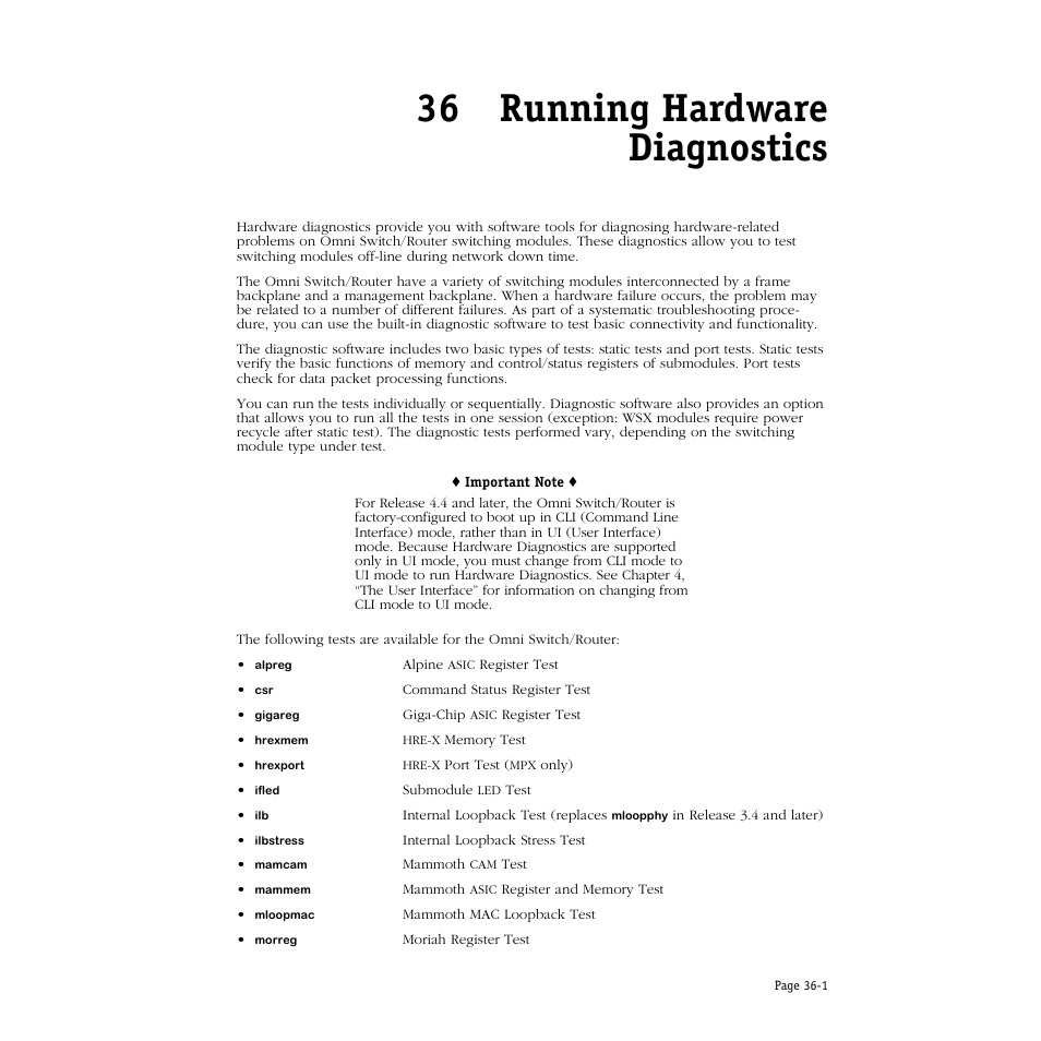 Running hardware diagnostics, 36 running hardware diagnostics | Alcatel Carrier Internetworking Solutions Omni Switch/Router User Manual | Page 1039 / 1100