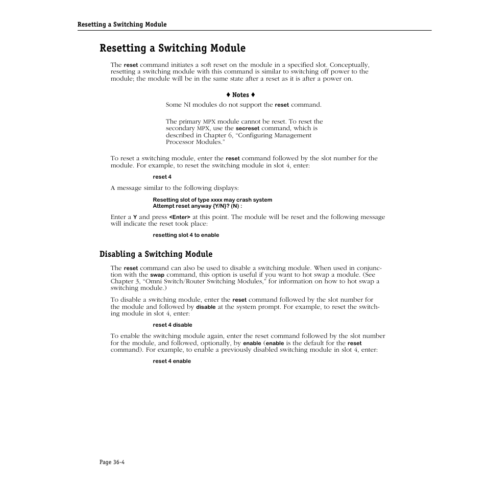 Resetting a switching module, Disabling a switching module, Resetting a switching module -4 | Disabling a switching module -4 | Alcatel Carrier Internetworking Solutions Omni Switch/Router User Manual | Page 1042 / 1100