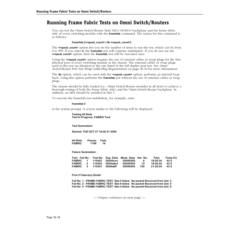 Running frame fabric tests on omni switch/routers | Alcatel Carrier Internetworking Solutions Omni Switch/Router User Manual | Page 1056 / 1100