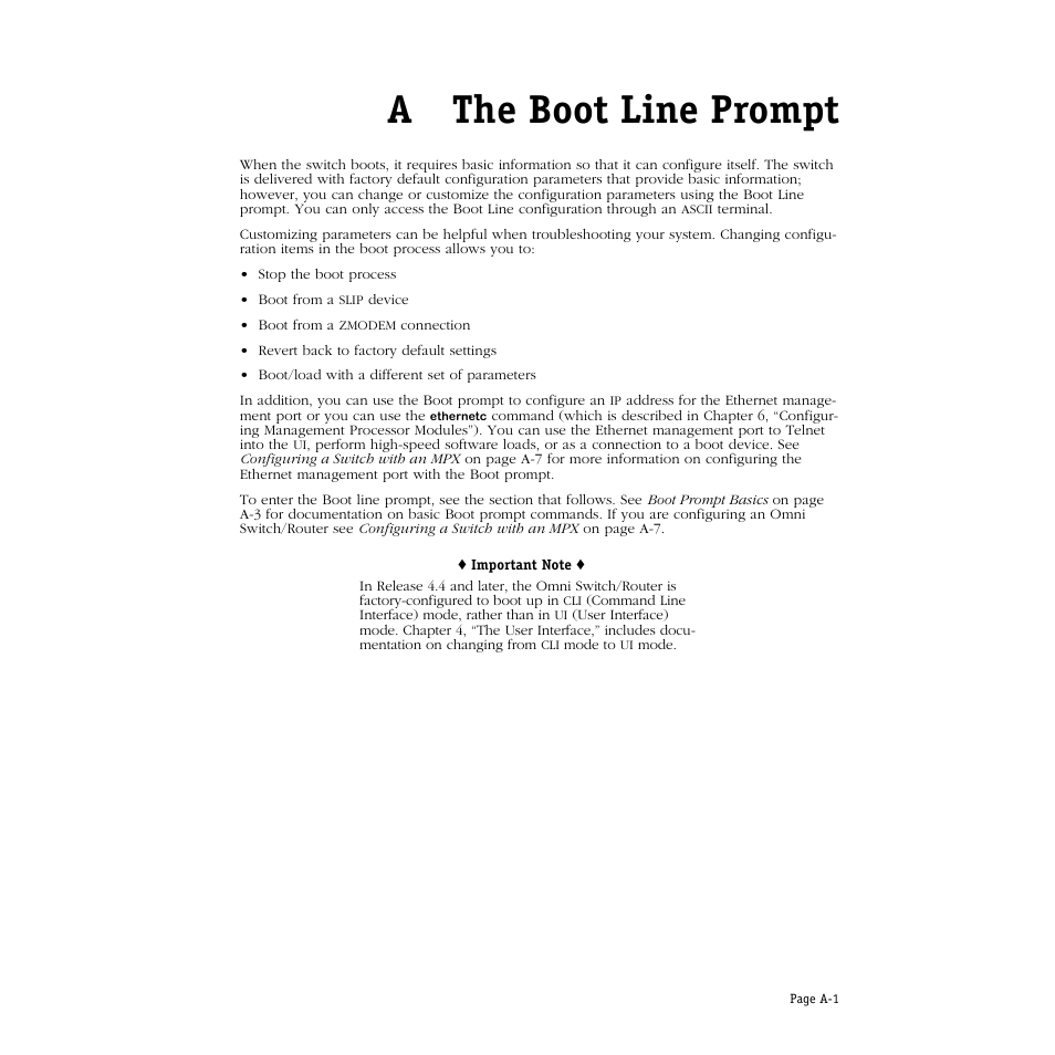 A. the boot line prompt, A the boot line prompt, Athe boot line prompt | Alcatel Carrier Internetworking Solutions Omni Switch/Router User Manual | Page 1063 / 1100