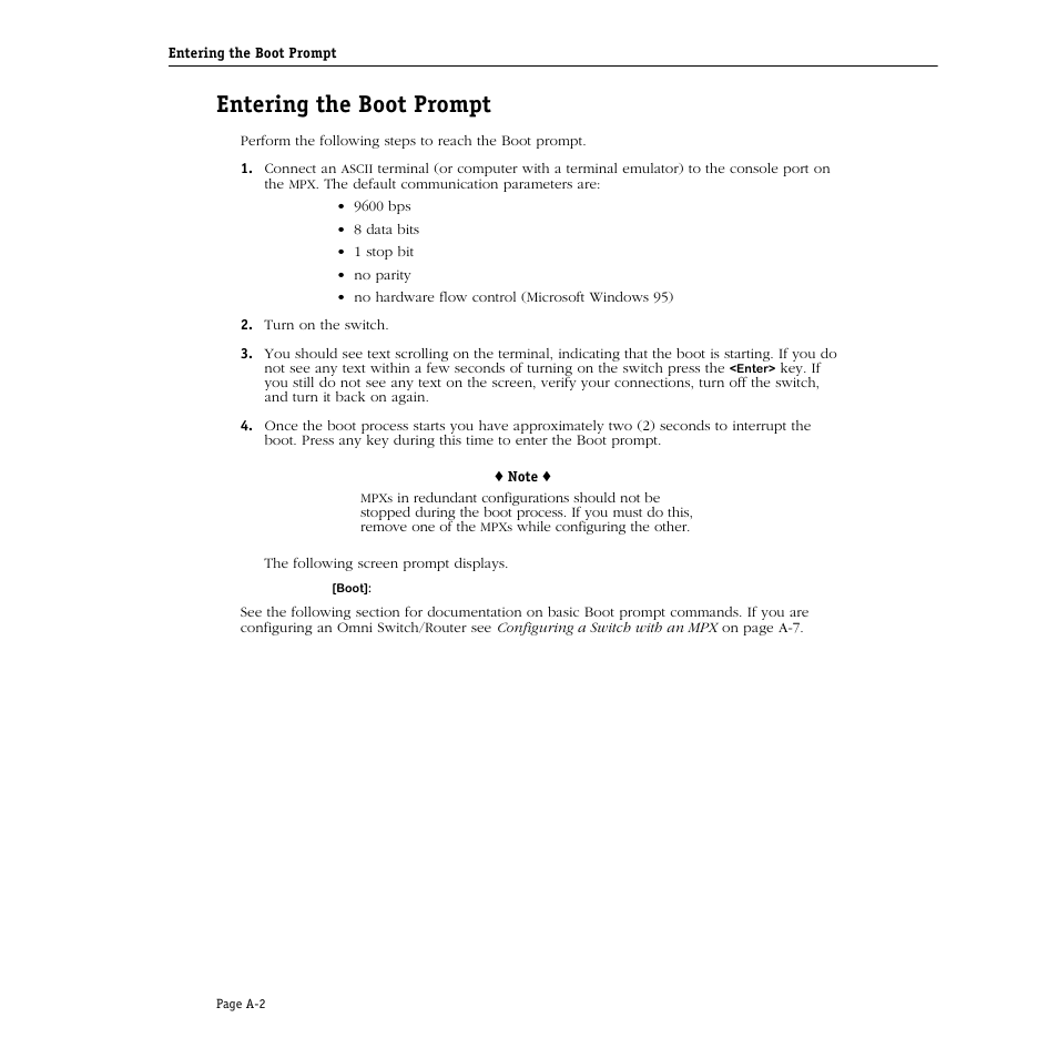 Entering the boot prompt | Alcatel Carrier Internetworking Solutions Omni Switch/Router User Manual | Page 1064 / 1100