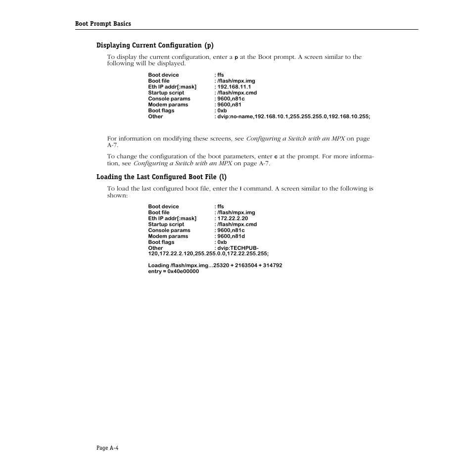 Displaying current configuration (p), Loading the last configured boot file (l) | Alcatel Carrier Internetworking Solutions Omni Switch/Router User Manual | Page 1066 / 1100