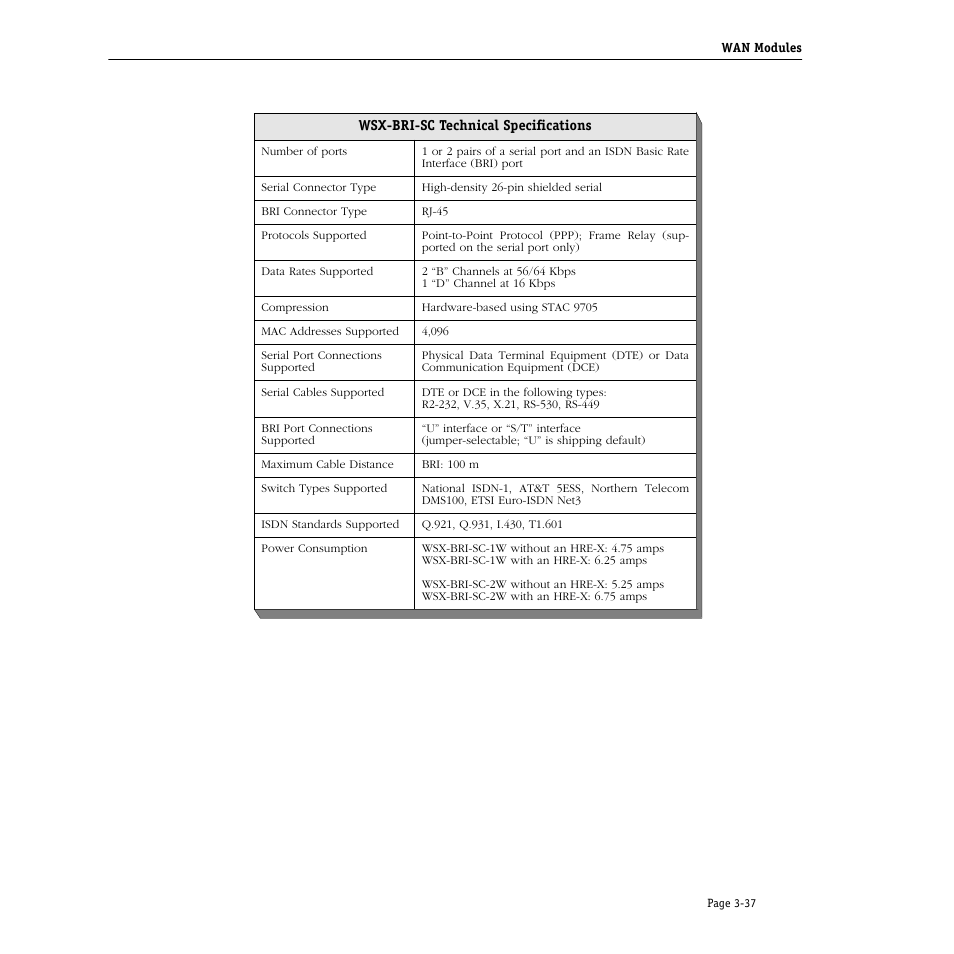 Wsx-bri-sc technical specifications, Wsx-bri-sc technical specifications -37 | Alcatel Carrier Internetworking Solutions Omni Switch/Router User Manual | Page 107 / 1100